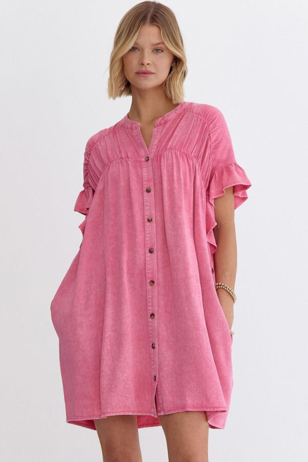 Pink Ruffled Short Sleeve Buttoned Denim Mini Dress - Image 3