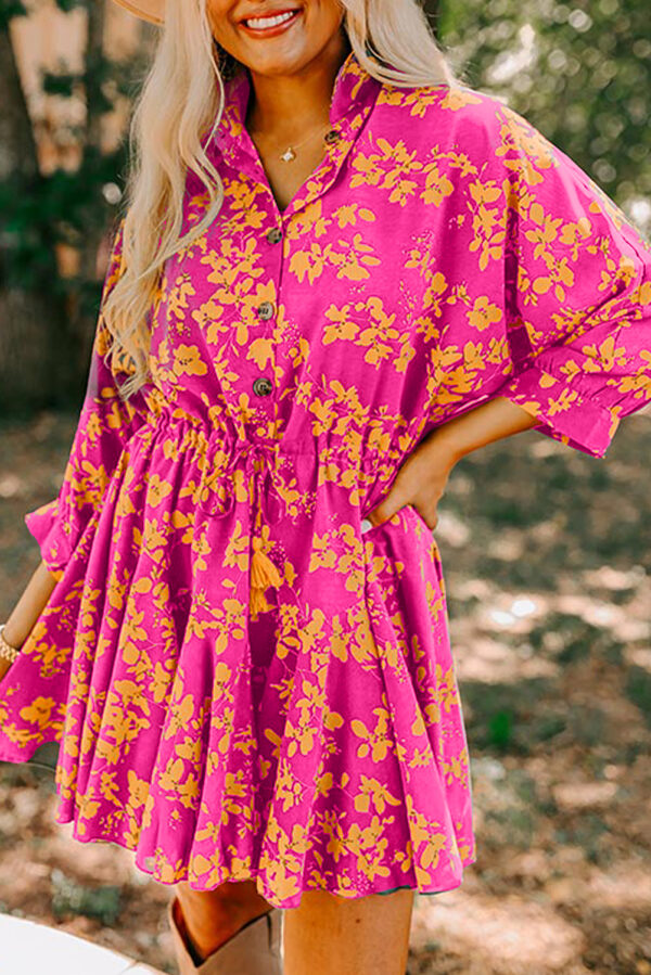 Green Floral Print Drawstring Tunic Flowy Short Dress - Image 4