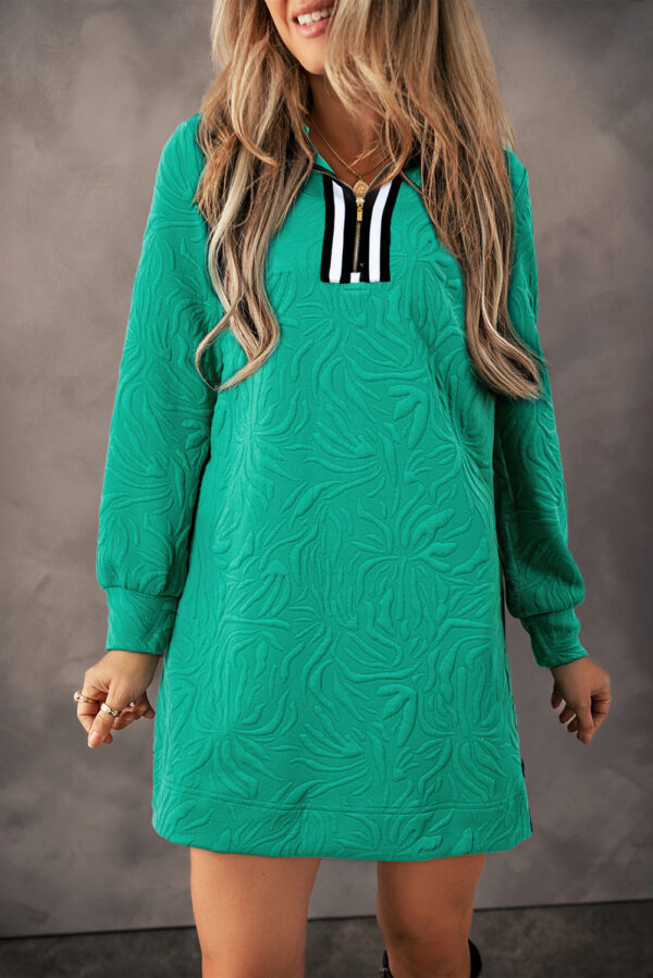Black Jacquard Textured Quarter Zipper Shift Mini Dress - Image 4