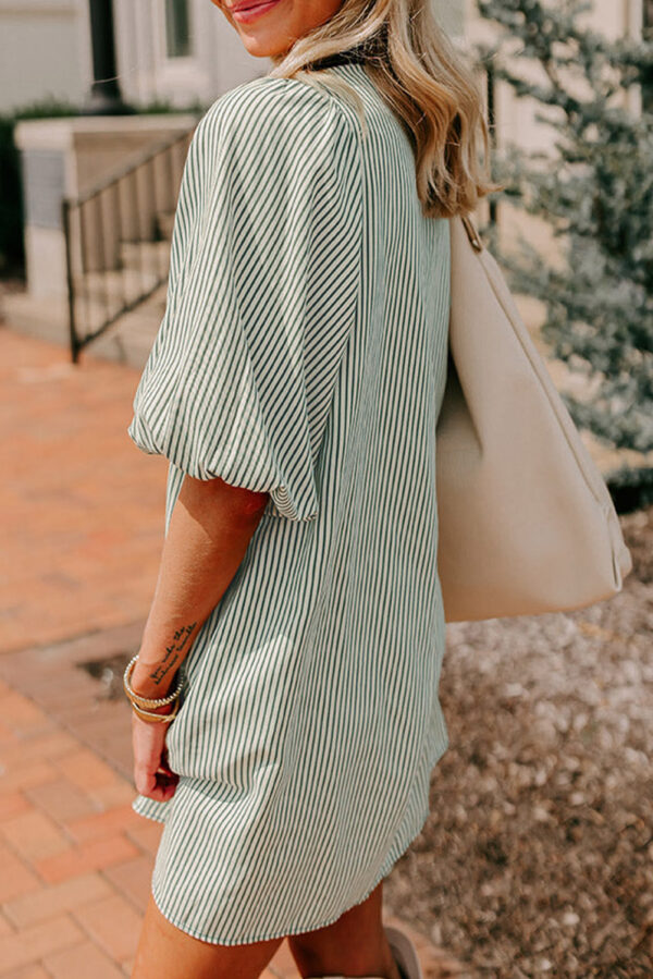 Green Patch Pockets Button Down Short Puff Sleeve Dress - Image 3