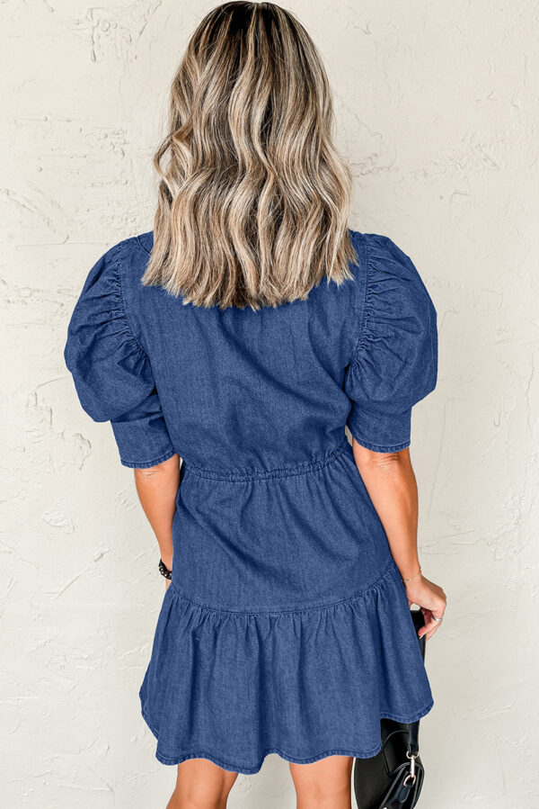 Blue Drawstring High Waist Puff Sleeve Denim Mini Dress - Image 2