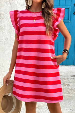 Black Stripe Flutter Sleeve Round Neck Shift Dress