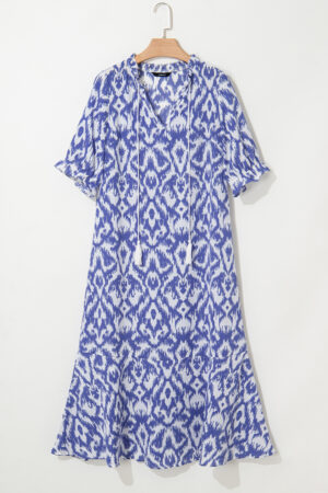 Sky Blue Geometric Print V Neck Casual Long Dress
