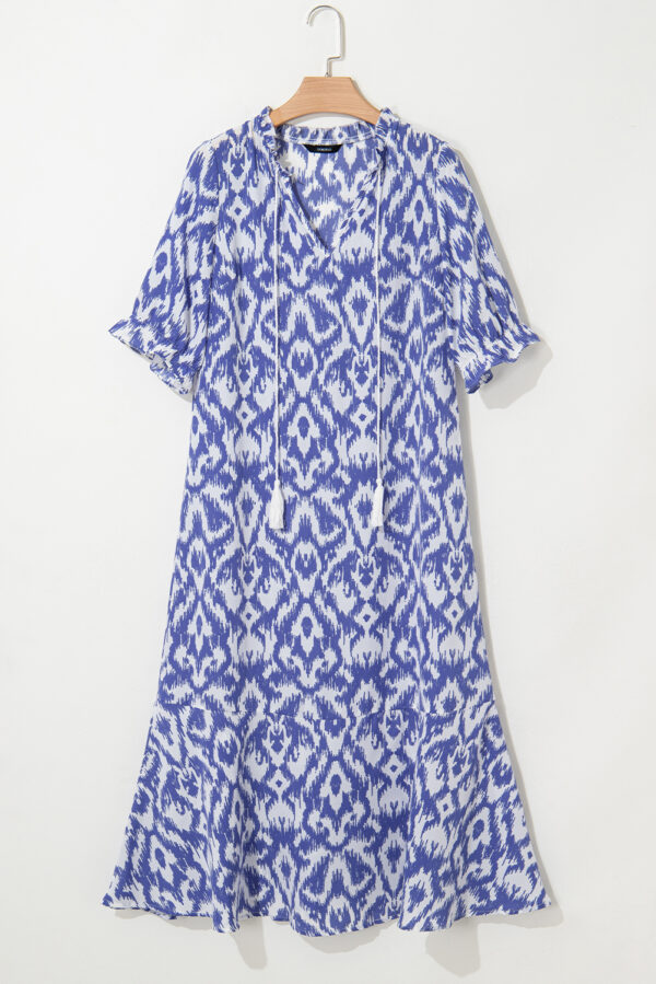 Sky Blue Geometric Print V Neck Casual Long Dress - Image 3