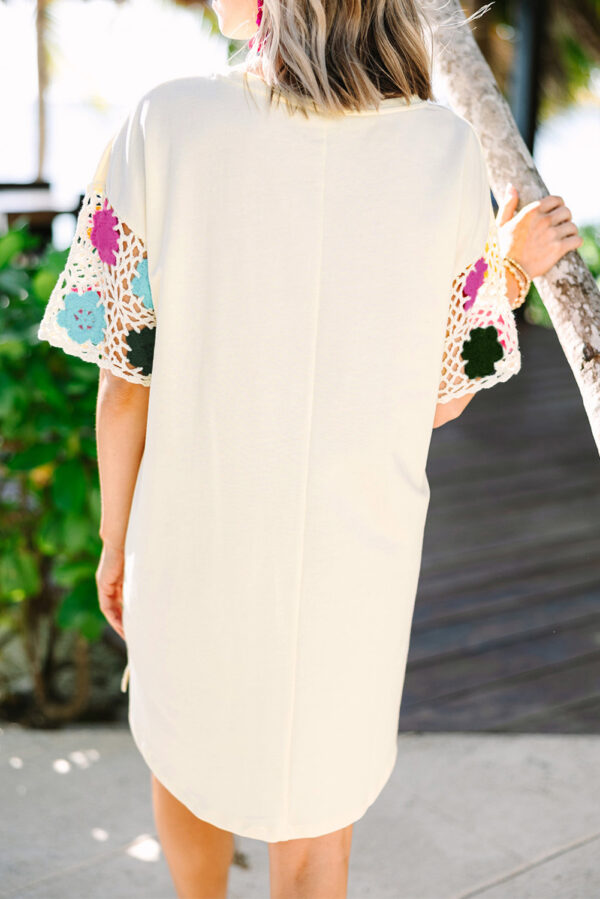 White Floral Crochet Splicing Sleeve T Shirt Dress - Image 2