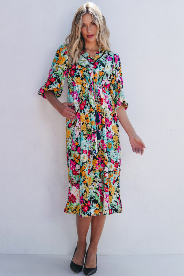 Green Floral Puff Sleeve V Neck Tassel Drawstring Dress - Image 3