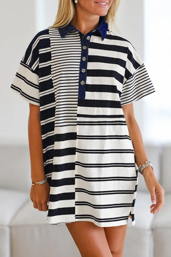 Black Stripe Half Placket Polo T Shirt Dress - Image 3
