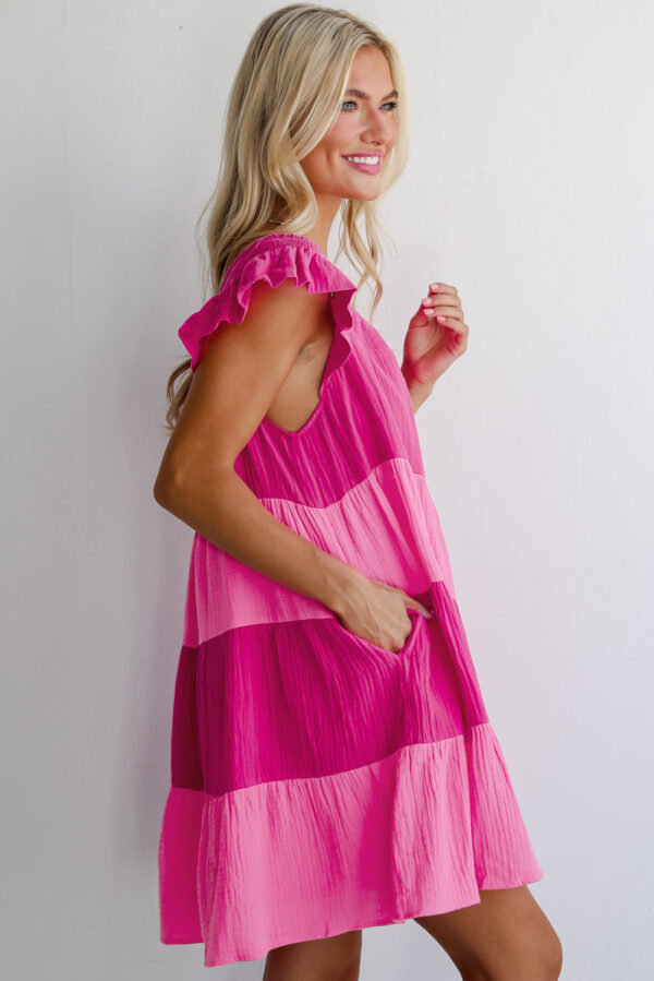 Pink Crinkled Colorblock Patchwork Flutter Tiered Mini Dress - Image 3