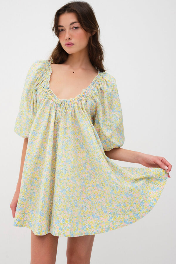 Green Floral Half Sleeve Frilled U Neck A-line Short Dress - Image 3