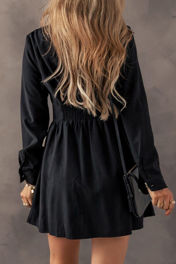 Black Elastic Cinched High Waist Long Sleeve Shirt Mini Dress - Image 2