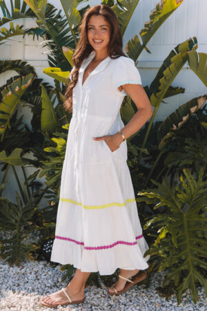 White Colorblock Rickrack Trim Short Sleeve Drawstring Waist Long Dress