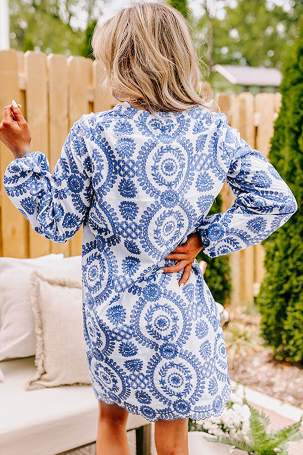 Blue Boho Floral Embroidered Notch V Neck Shift Mini Dress - Image 2