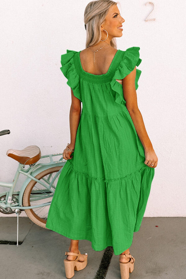 Green Ruffled Flutter Sleeve Square Neck Textured Tiered Maxi Dress - Image 2