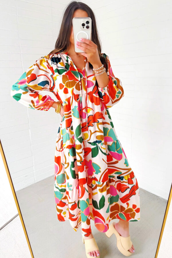 Orange Floral Print Split V Neck Tiered Maxi Dress - Image 3