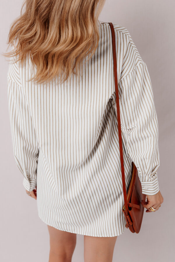 Khaki Stripe Long Sleeve Button Up Mini Shirt Dress - Image 2