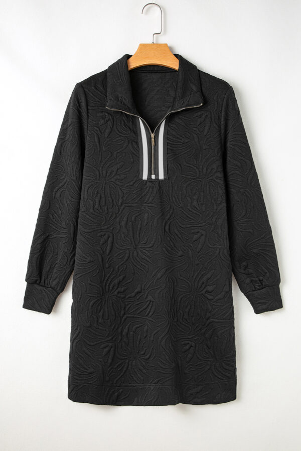 Black Jacquard Textured Quarter Zipper Shift Mini Dress - Image 3