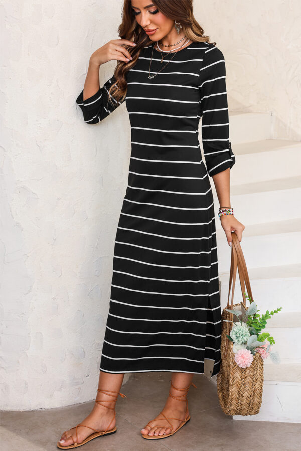 Black Striped Casual Slit Long Dress - Image 3
