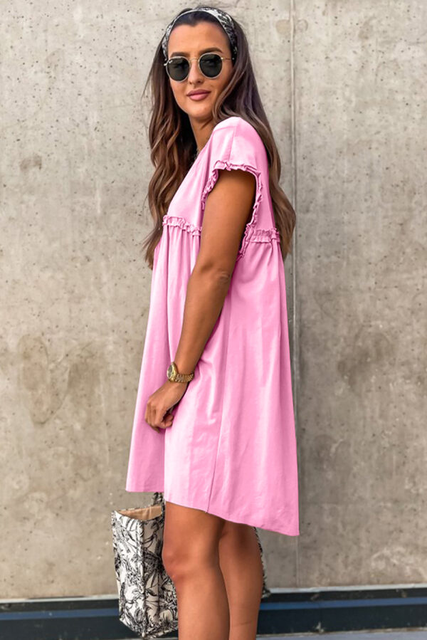 Mint Green Frilled Trim Crew Neck Loose Fit Mini Dress - Image 6