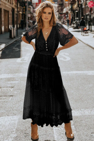 Black Dotty Lace Mesh Flowy Maxi Dress
