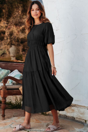 Pink Puff Sleeve Pleated High Waist Flowy Midi Dress
