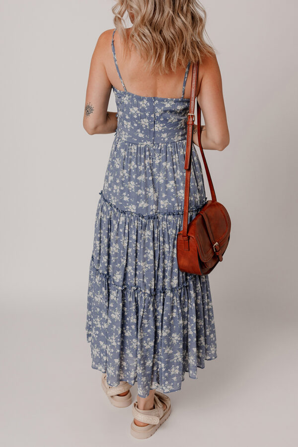 Blue Floral Spaghetti Strap Frilled V Neck Tiered Midi Dress - Image 2