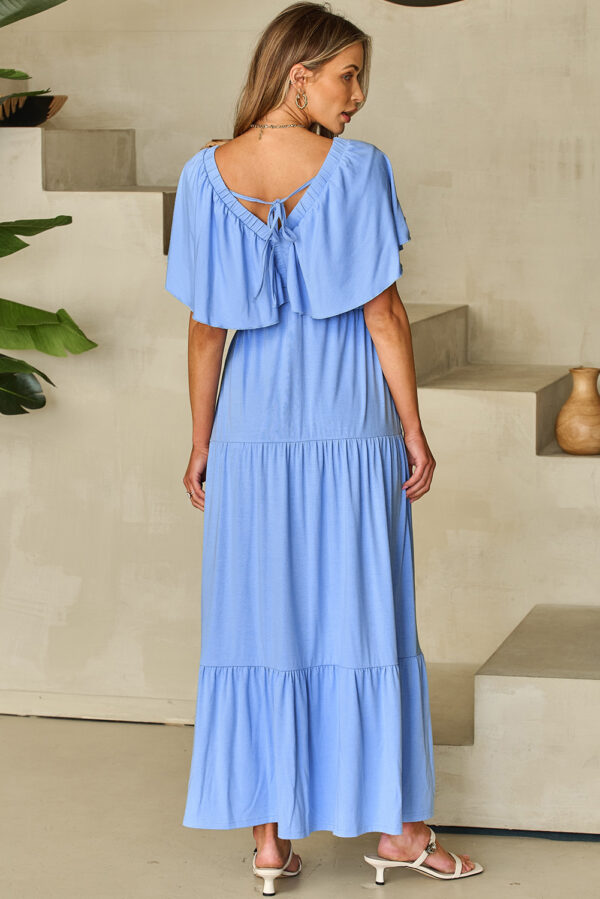 Sky Blue Textured V Neck Flutter Sleeve Ruffled Maxi Dress - Image 2