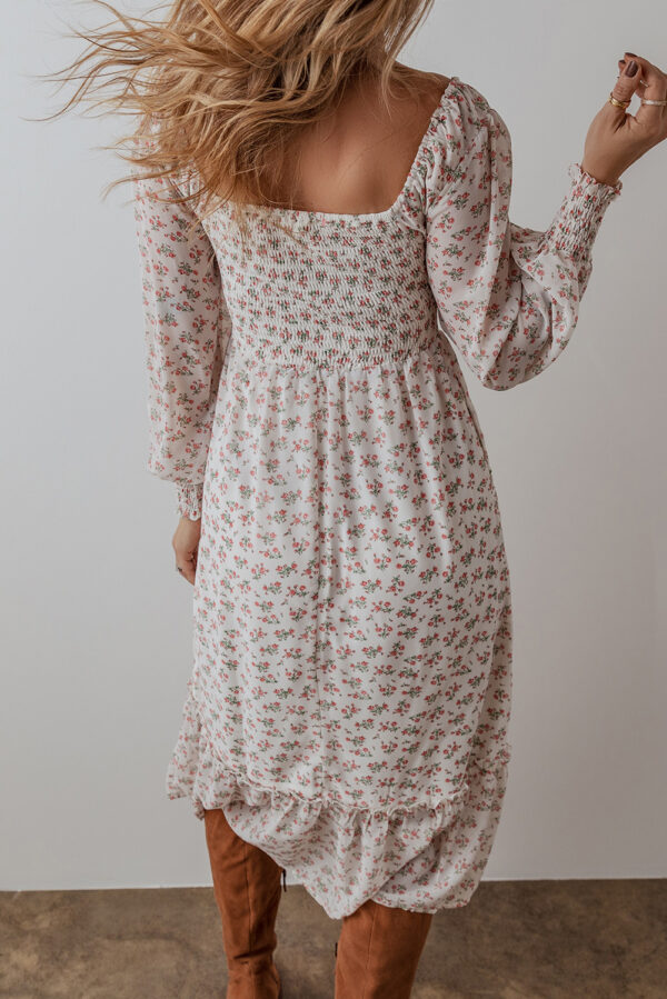 White Floral Print Shirred Ruffled Hem Square Neck Midi Dress - Image 2