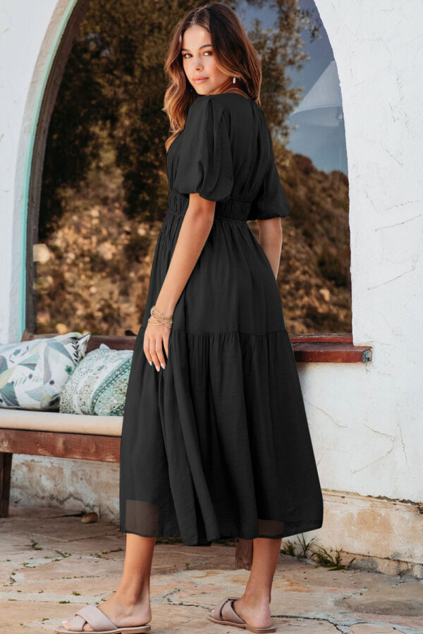 Pink Puff Sleeve Pleated High Waist Flowy Midi Dress - Image 5