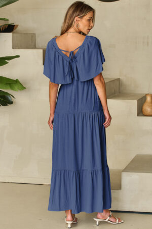 Navy Blue Textured V Neck Flutter Sleeve Ruffled Maxi Dress