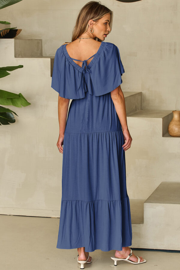 Navy Blue Textured V Neck Flutter Sleeve Ruffled Maxi Dress - Image 2