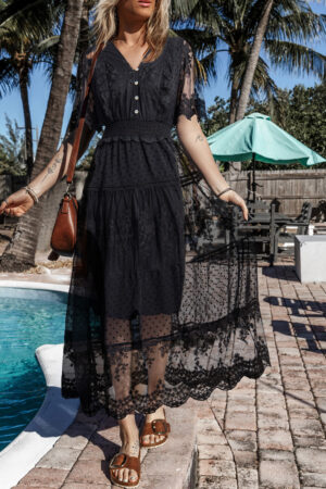 Black Dotty Lace Mesh Flowy Maxi Dress