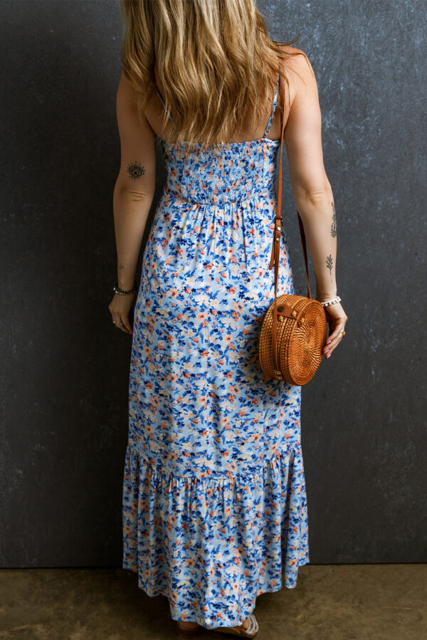 Sky Blue Floral Print Ruffled Ruched Maxi Dress - Image 2