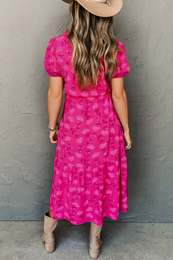 Rose Red Floral Print Pleated Drawstring Flowy Midi Dress - Image 2