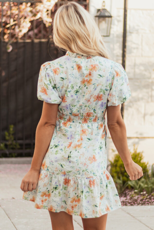 Beige Floral Print Shirred High Waist Puff Sleeve Mini Dress - Image 2