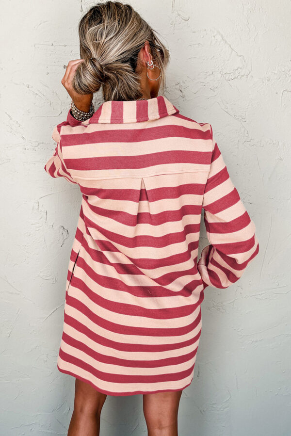 Pink Stripe Collared V Neck Long Sleeve Loose Casual Dress - Image 2