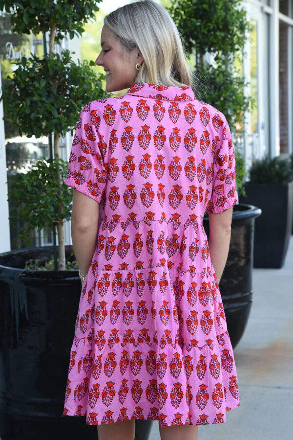 Sachet Pink Floral Print Multi Buttons Collared Short Sleeve Flowy Dress - Image 2