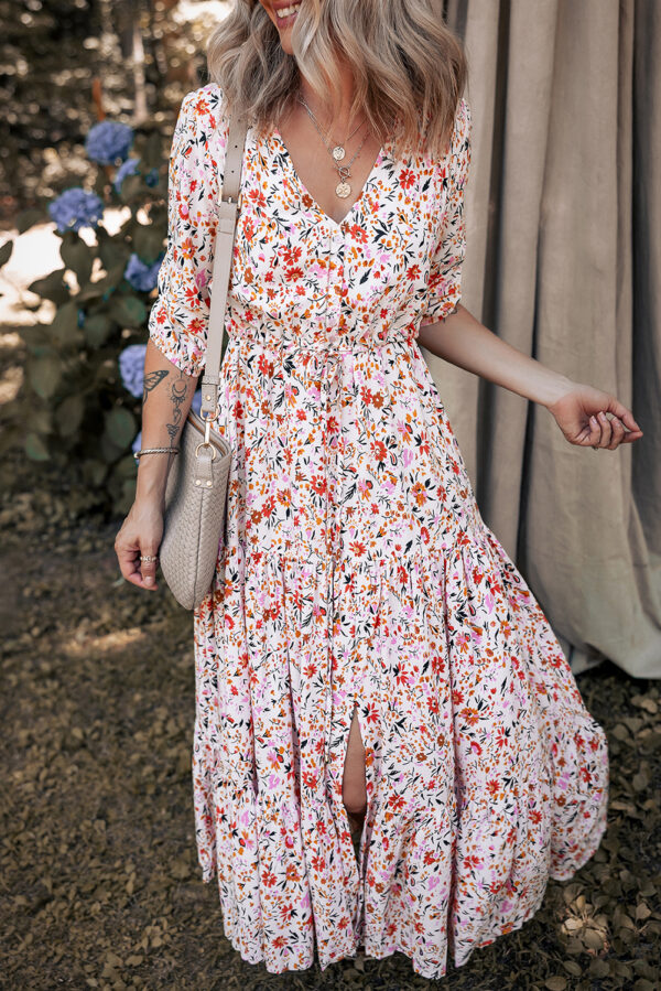 Red Boho Half Sleeve Floral V Neck Maxi Dress - Image 3