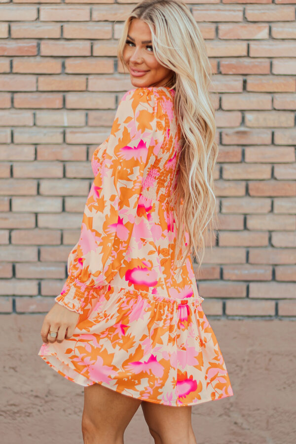 Orange Abstract Print Smocked Lantern Sleeve Ruffle Mini Dress - Image 3