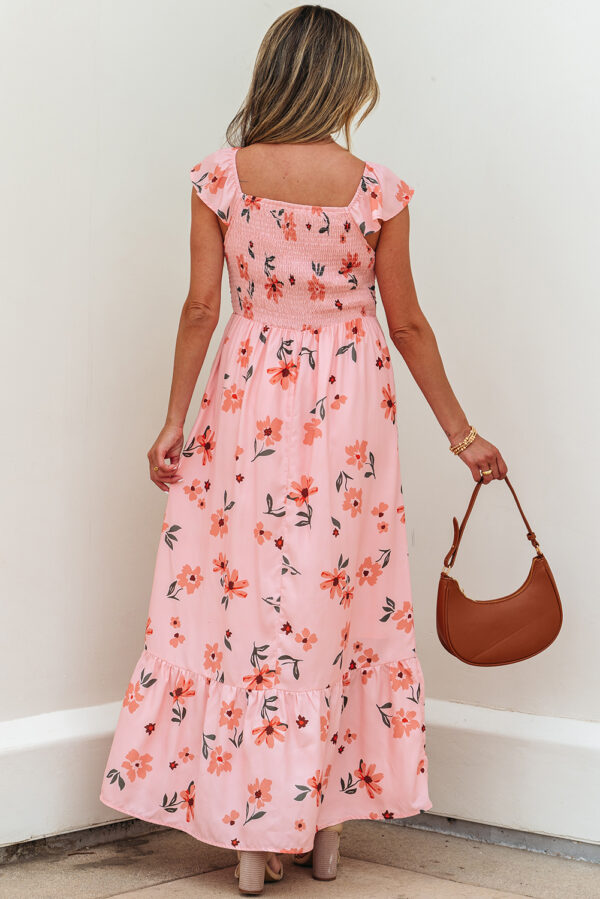 Pink Floral V Neck Smocked High Waist Ruffle Hem Long Dress - Image 2