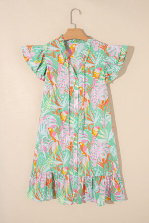 Pink Abstract Floral Ruffle Trim Flutter Sleeve Buttoned Dress