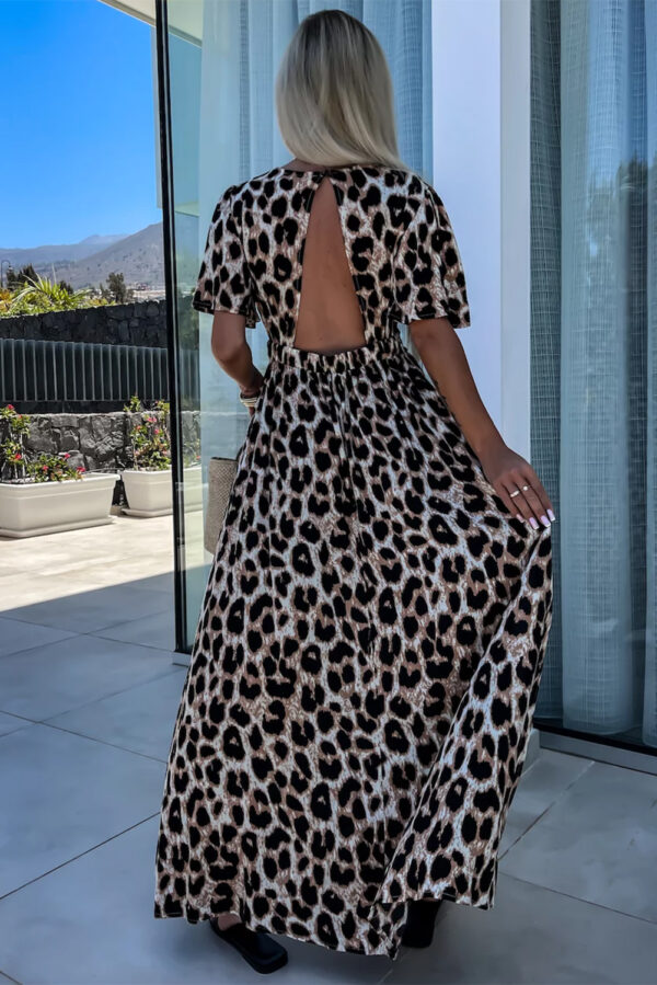 Khaki Leopard V Neck Cinched High Waist Open Back Maxi Dress - Image 2