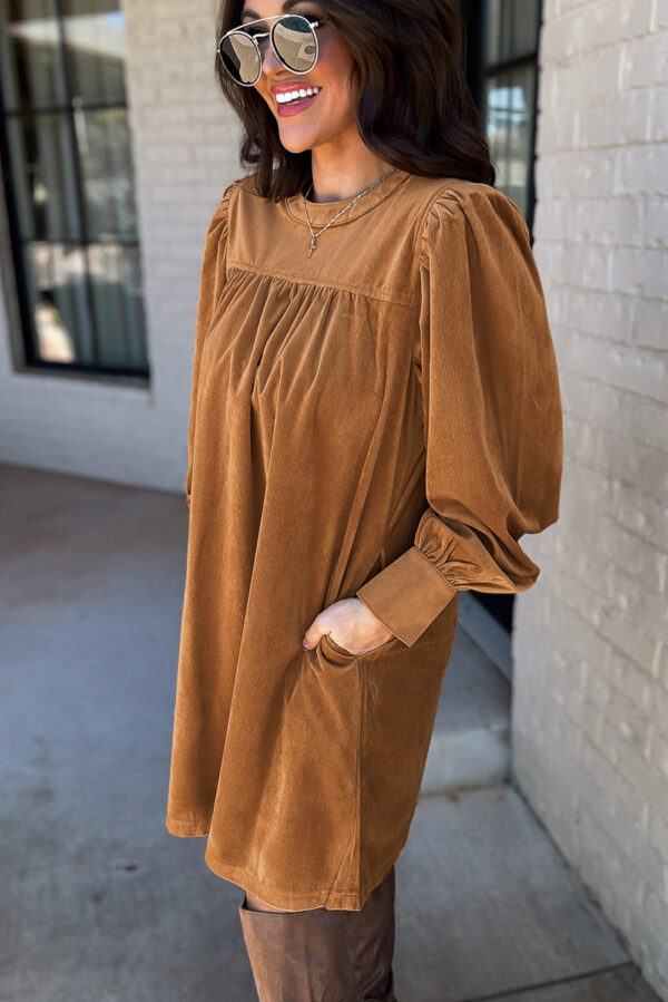 Desert Gold Corduroy Pleated Puff Sleeve Shift Short Dress - Image 3