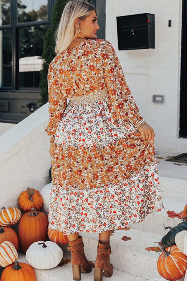 Khaki Floral Print Ruffled Tiered Long Sleeve V Neck Midi Dress - Image 2