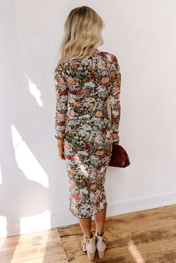 Brown Floral Allover Print Mock Neck Bodycon Long Sleeve Midi Dress - Image 2