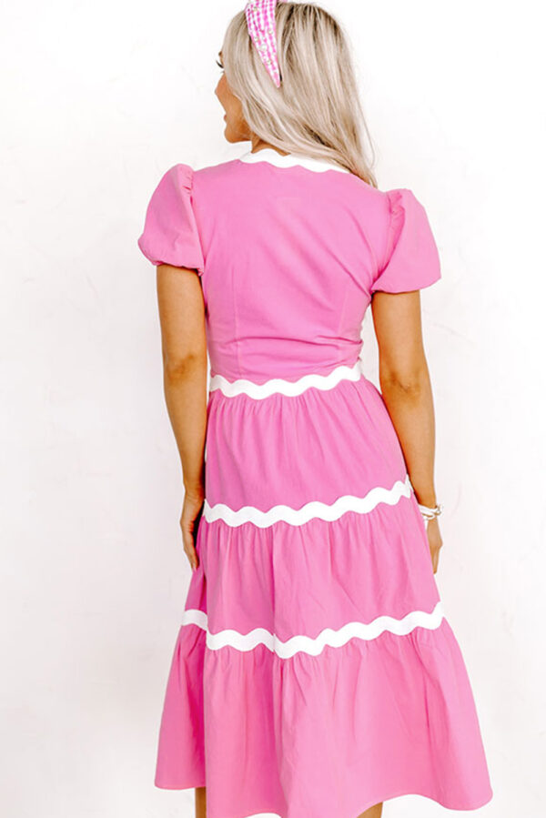Bonbon Ric Rac Trim Short Puff Sleeve Flowy Midi Dress - Image 2