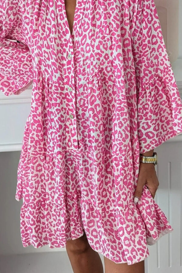 Bright Pink Leopard Printed Long Sleeve Buttoned Front Mini Dress - Image 2