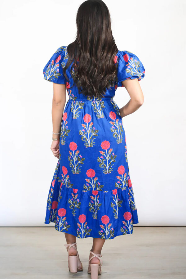 Sky Blue Floral Puff Short Sleeve V Neck High Waist Maxi Dress - Image 2