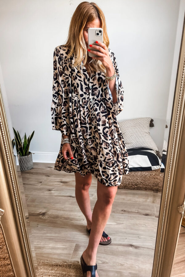 Khaki Leopard Print Buttoned Front 3/4 Sleeve Tiered Ruffled Hem Dress - Image 6