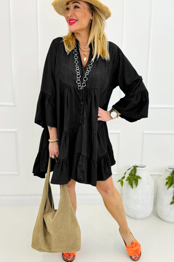 Black Chambray Ruffled 3/4 Sleeve Tiered Split V Neck Mini Dress - Image 3