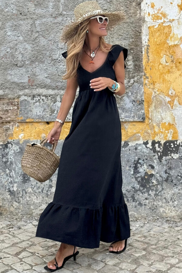 Black V Neck Flutter Sleeve Smocked Bodice High Waist Ruffle Maxi Dress - Image 2
